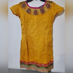 Indian Tunic Emroidered Mustard Yellow Embellished Tunic Dress Top Side Slits